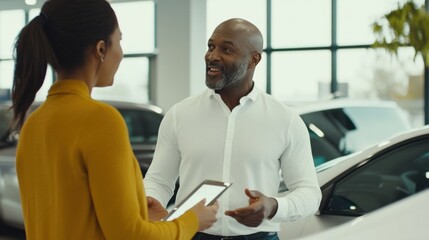 Vehicle trade-in interaction. Featuring a dealer explaining trade-in options to a customer