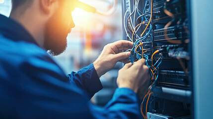 Technician in modern office maintaining network server, surrounded by cables and routers, showcasing focus and professionalism in IT infrastructure management.