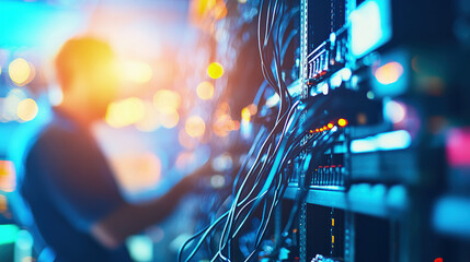 Technician in modern office maintaining network server, surrounded by cables and routers, showcasing focus and professionalism in IT infrastructure management.