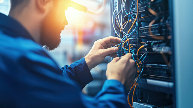 Technician in modern office maintaining network server, surrounded by cables and routers, showcasing focus and professionalism in IT infrastructure management.