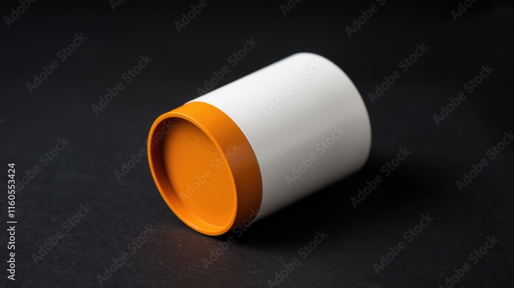 Poster a cylindrical container with a white body and an orange lid rests on a dark surface.