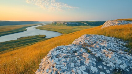 Sunrise over winding river valley, high angle view from grassy hilltop.