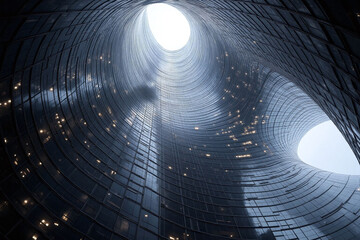 Futuristic curved skyscraper from low angle