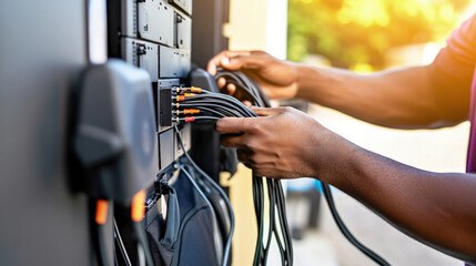 Technician in modern office maintaining network server, surrounded by cables and routers, showcasing focus and professionalism in IT infrastructure management.
