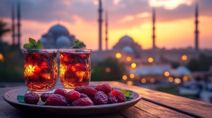 Dates in a bowl with sunset mosque backdrop. Perfect for Ramadan, Islamic holidays, Middle Eastern cuisine, and cultural celebrations.