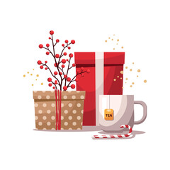 Obraz premium Christmas tea and gift boxes wrapped in ribbon on white background