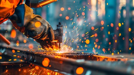 A close-up of a worker welding metal parts in an industrial workshop