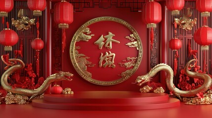 Festive Chinese New Year Background Red Lanterns Dragons Gold Celebration