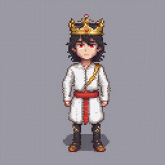 Pixel art image man crown standing white background red accents