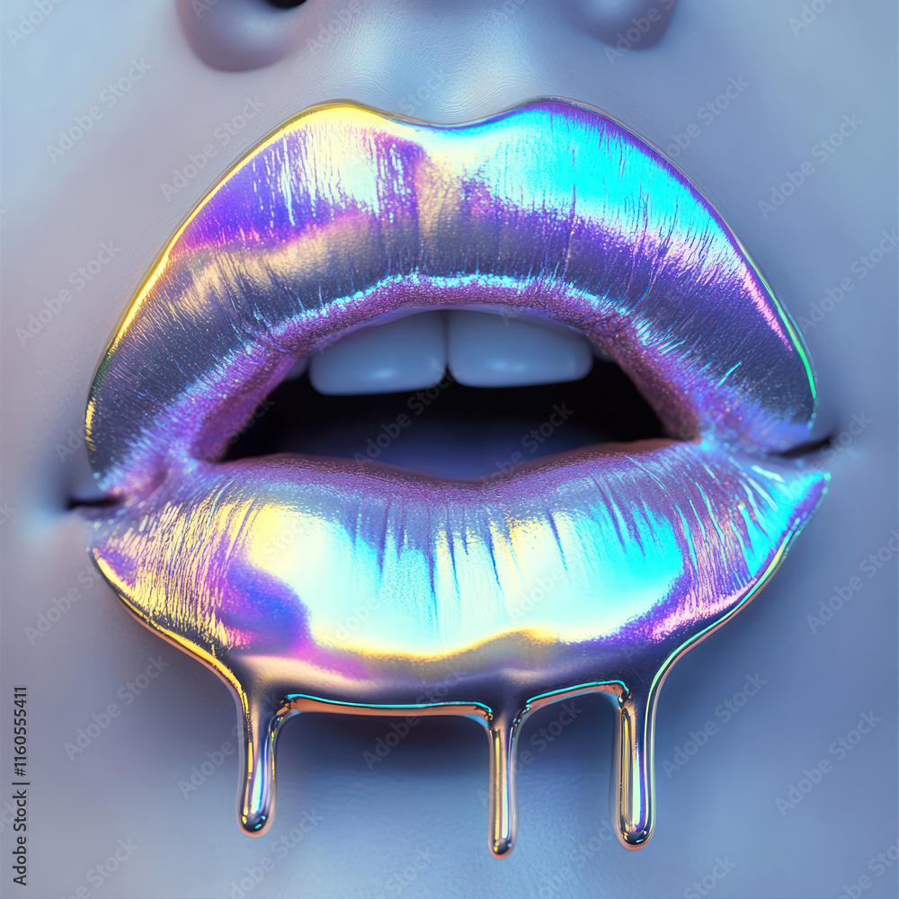Poster Iridescent lips with chrome finish, dripping liquid, showcasing vibrant and glossy appearance. unique texture and color create striking visual effect that captivates attention