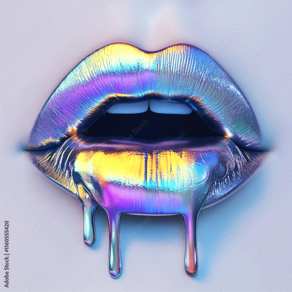 Poster iridescent lips with chrome finish, dripping with vibrant colors, create striking visual effect. glo