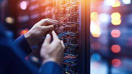 Technician in modern office maintaining network server, surrounded by cables and routers, showcasing focus and professionalism in IT infrastructure management.