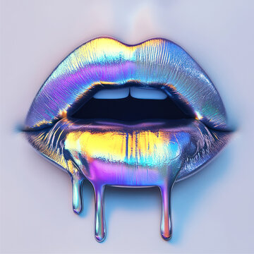 Iridescent lips with chrome finish, dripping with vibrant colors, create striking visual effect. glossy texture enhances allure and artistic expression of image