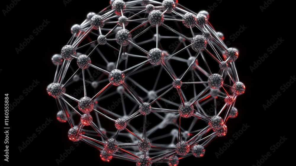 Poster futuristic 3d network sphere with interconnected nodes on black background