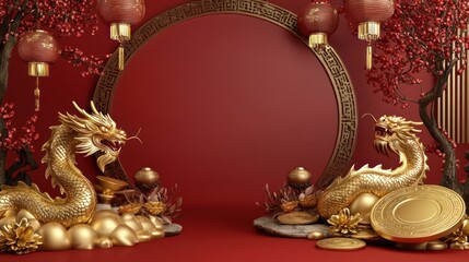 Lunar New Year Golden Dragons Red Lanterns Chinese Decor