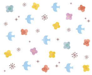 北欧風の鳥と花柄の水彩イラスト　シームレスパターン