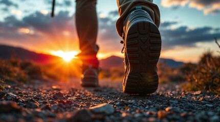 close-up of hiking boots on a trail at sunset