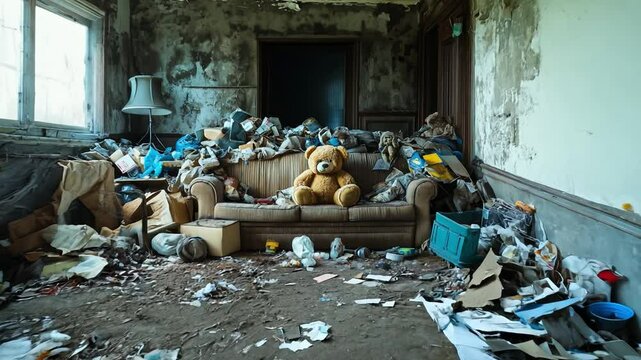 A huge piles of trash, tattered teddy toys and tattered household items, dirty sofa in old living room	
