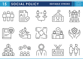 A set of line icons related to Social Policy. Social, people, political, government, law, rules, responsibility, equity, healthcare, security, identity, and so on. Vector editable stroke.