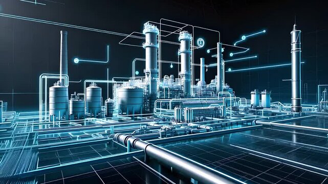 Digital Industrial Plant Blueprint with Advanced Pipeline Network and Futuristic Technological Visualization

