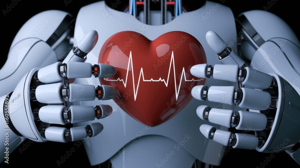 Aufkleber a robot gently holds a heart with a heartbeat monitor, symbolizing ai in healthcare.