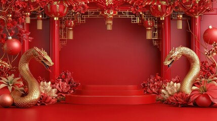 Chinese New Year Festive Red Gold Dragons Flowers Lanterns Stage