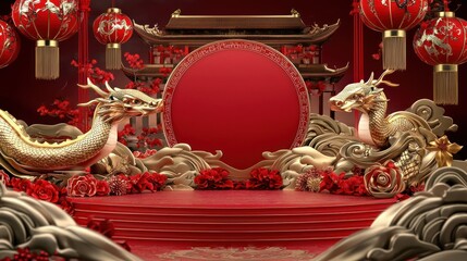Festive Chinese New Year Background Red Lanterns Dragons Pagoda