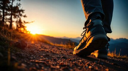 close-up of hiking boots on a trail at sunset
