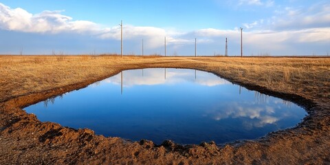 Obraz premium Desolate Landscape: A Dried-Up Pond Beside a Disused Oil Facility