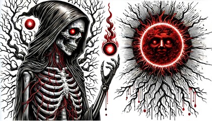 Intricate Tattoo Design of a Dark Bony Monster Woman with Tree-Root Veins, a Single Glowing Red Drop, and a Flaming Red Sun, Isolated on a White Background