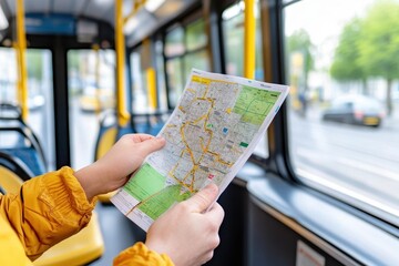 Traveler holding a city map while riding a public bus, planning their route or navigating the area during the day.