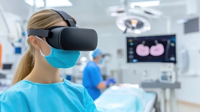 Female surgeon wearing a virtual reality headset in an operating room, integrating advanced technology.