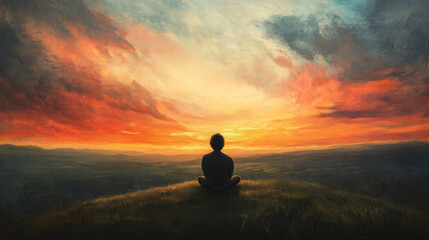 A figure sitting quietly on a hillside, with a breathtaking view of the sunset painting the sky.