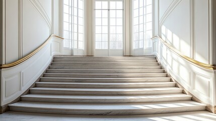 Obraz premium Sunlit marble staircase in grand hall.