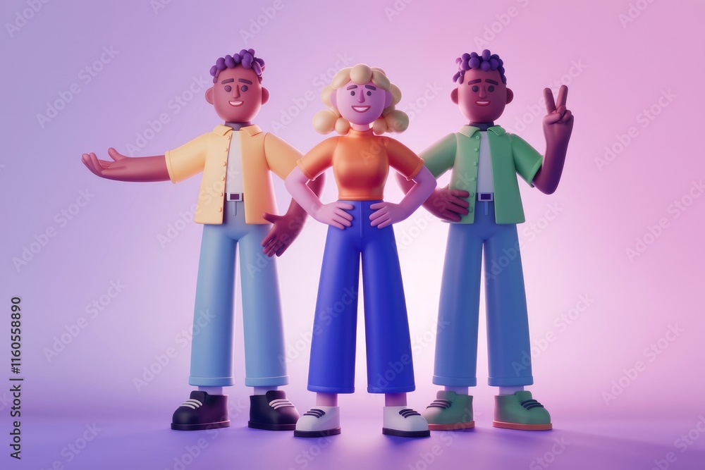 Poster three diverse 3d cartoon characters stand together, showcasing unity and friendship.