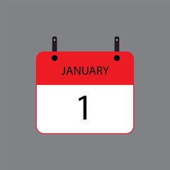Calendar icon with January 1st date on grey background. Vector schedule symbol.