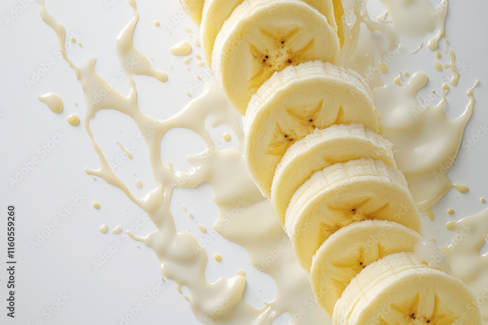 Poster a sliced banana cascading over a splash of creamy liquid.