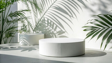 Obraz premium White product display podium with shadow nature leaves on white background.