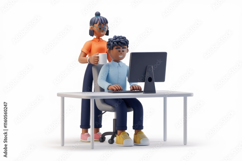 Poster Two 3D cartoon characters collaborate on a computer at a desk, one holding a coffee cup.