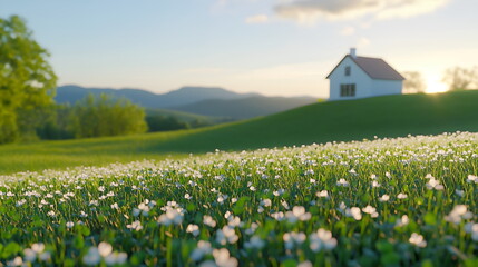 a countryside and a cozy Irish cottage, with soft sunlight and clover scattered in the foreground