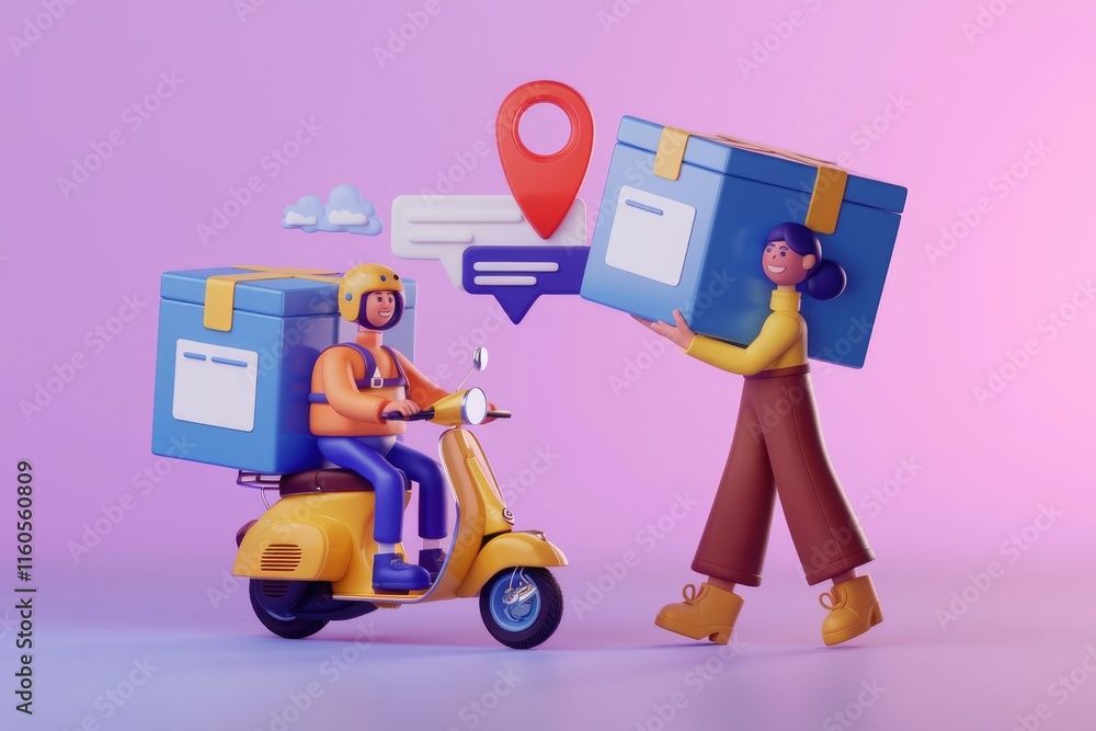 Poster Fast delivery service with a scooter driver receiving a package from a customer for quick transportation.