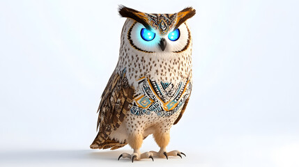 vibrant 3D cartoon owl with geometric patterns and glowing blue eyes, showcasing boho textures