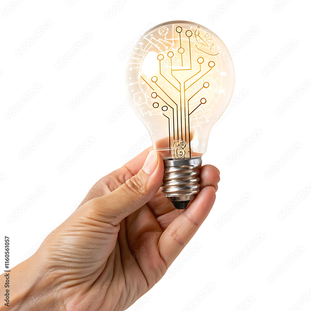 Poster hand holding a glowing light bulb with circuit patterns, isolated on a transparent background