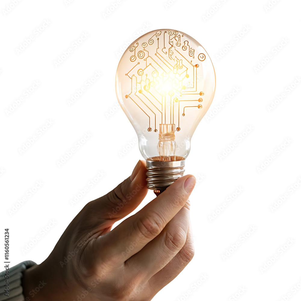 Poster hand holding a glowing light bulb with circuit patterns, isolated on a transparent background