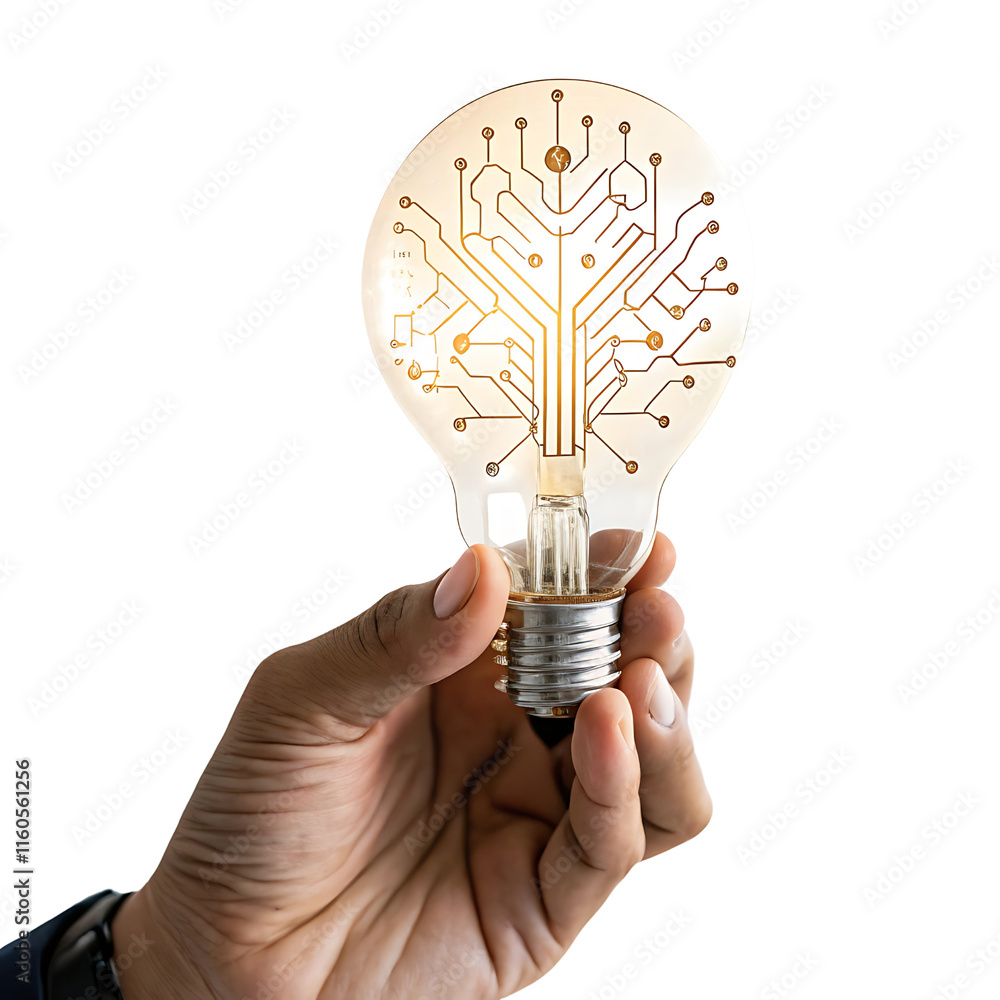 Poster hand holding a glowing light bulb with circuit patterns, isolated on a transparent background