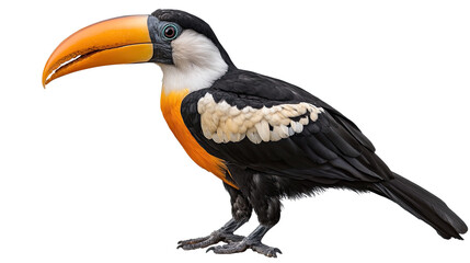 Obraz premium Vibrant Toucan with Striking Colors: A close-up portrait of a toucan with a large, orange bill, black body, and white accents, showcasing the bird's vibrant colors and unique features. 
