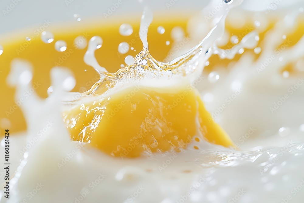Poster a splash of liquid surrounding a yellow object, capturing motion and texture.