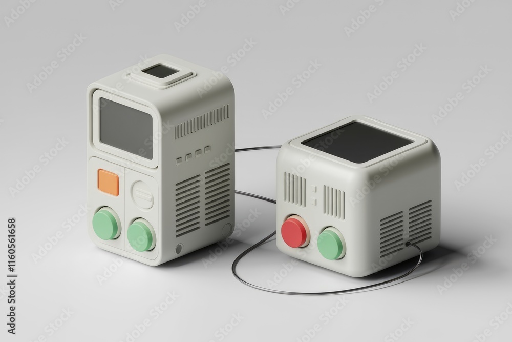 Poster Two retro-styled devices with screens and colorful buttons are connected by a cable.