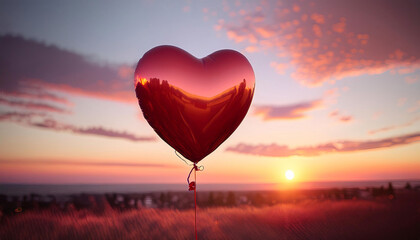 Fototapeta premium A vibrant red heart shaped balloon effortlessly floats against a soft pastel sunset sky, evoking emotions of love and romance as the day transitions into night, creating a serene atmosphere