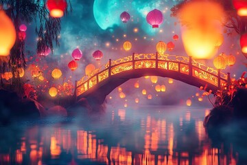 Obraz premium A whimsical paper - cut bridge over a glowing river with colorful floating lanterns and mystical fog